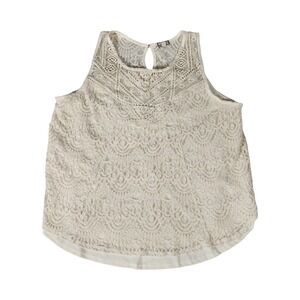 Longshadow Womens 2X Cream Lace Sleeveless Shell Top Boho Keyhole Back Floral